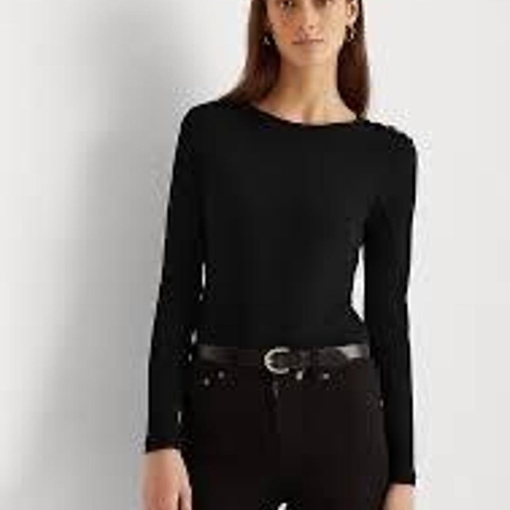 Ralph Lauren black cotton long sleeve top with buttons and suede elbow detail